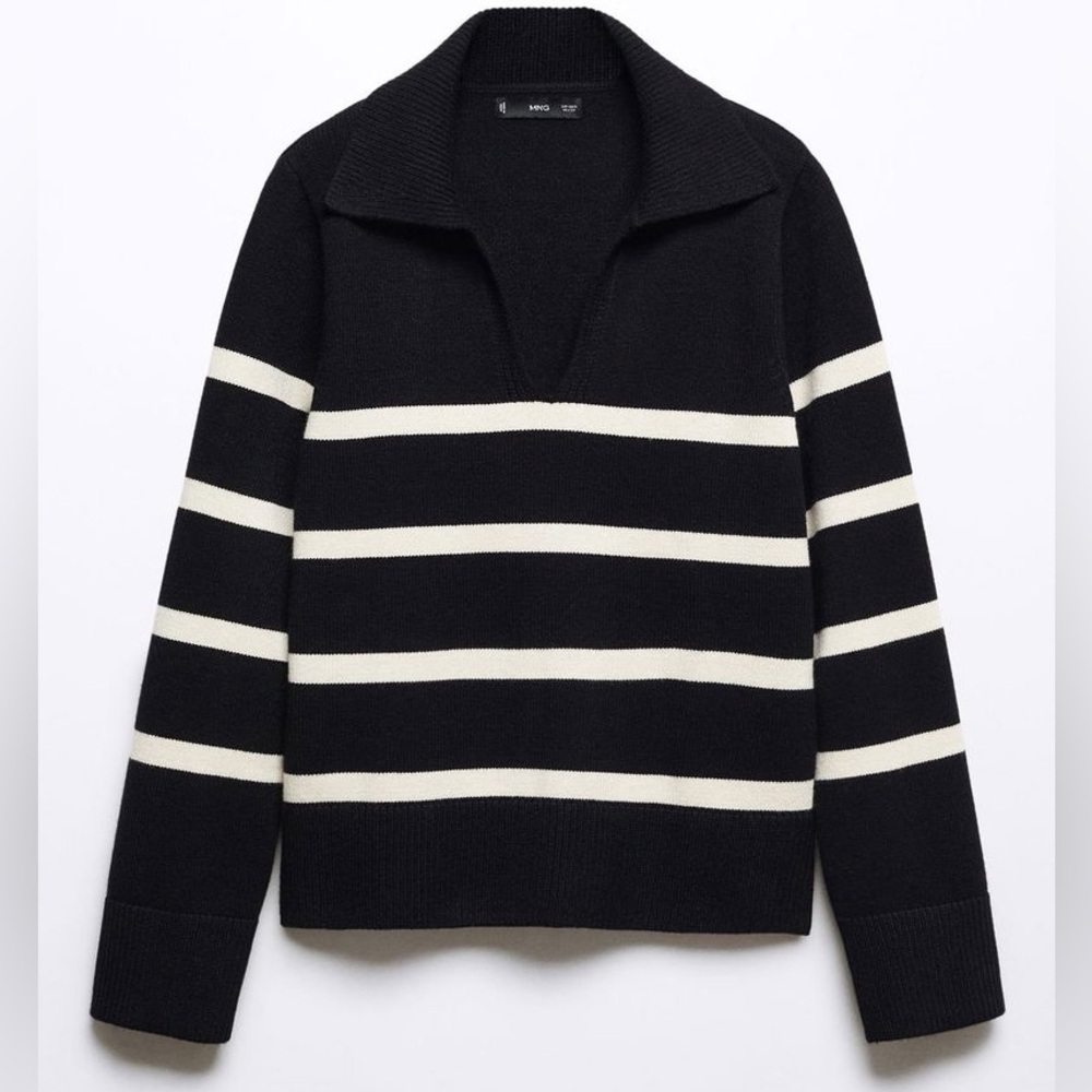 Mango Women’s Black White Striped V-Neck Polo Sweater Size XS - Picture 4 of 4